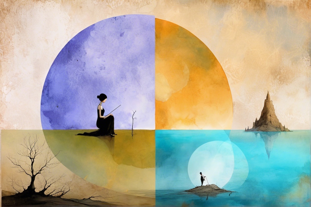 Whimsical Illustration of Dual Landscapes and Themes