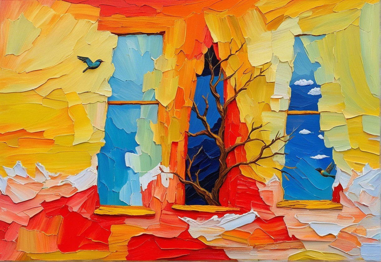 Vibrant Abstract Artwork with Colorful Backdrop and Birds