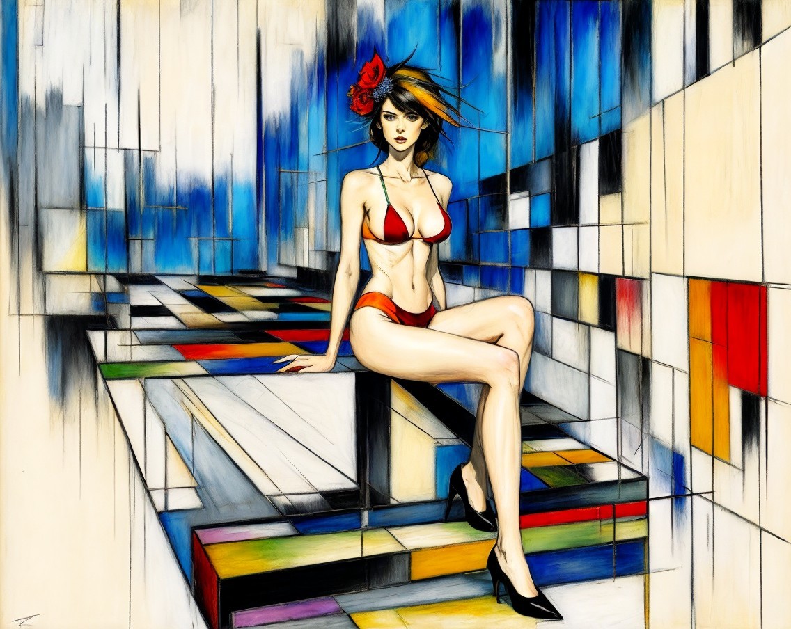 Stylized Illustration of Woman in Red Bikini on Staircase