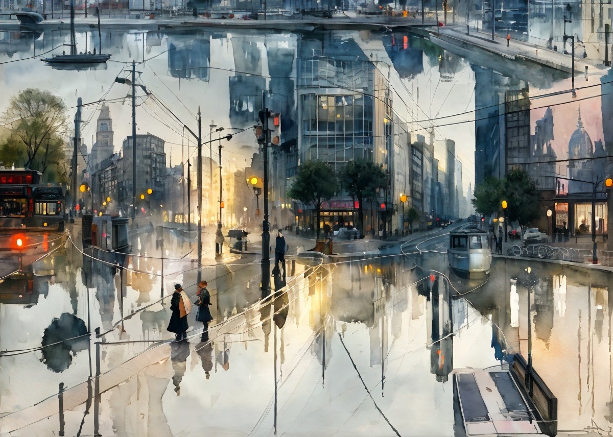 Serene Urban Dusk Scene with Flooded Street Reflections
