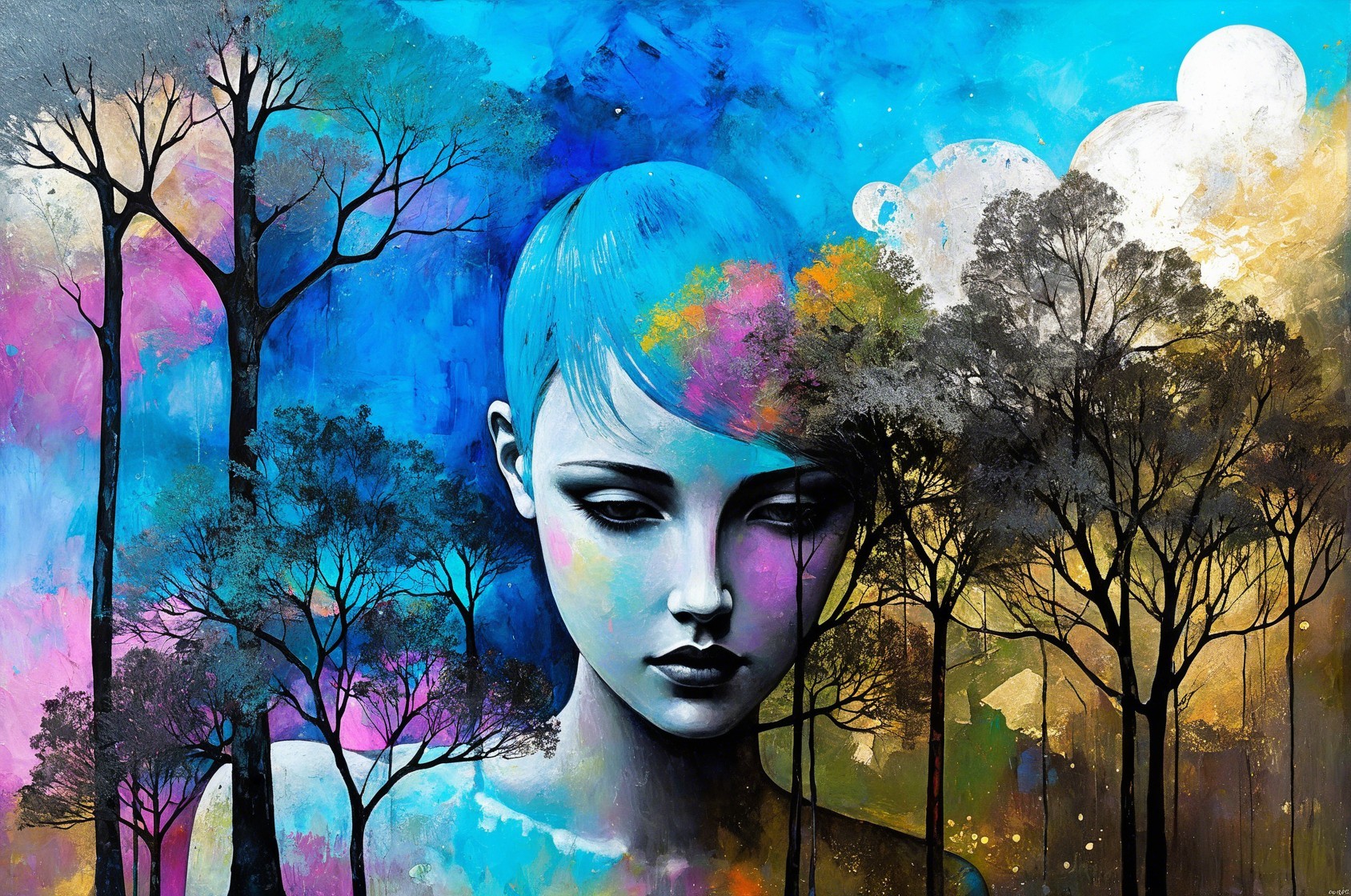 Sad Woman with Blue Hair in Watercolor Landscape
