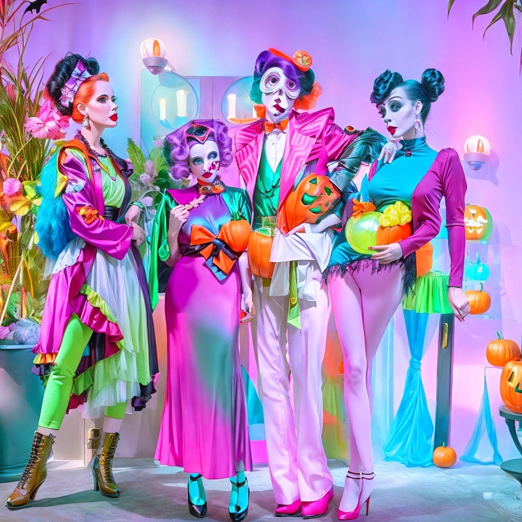 Vibrant Halloween Scene with Colorful Costumed Figures