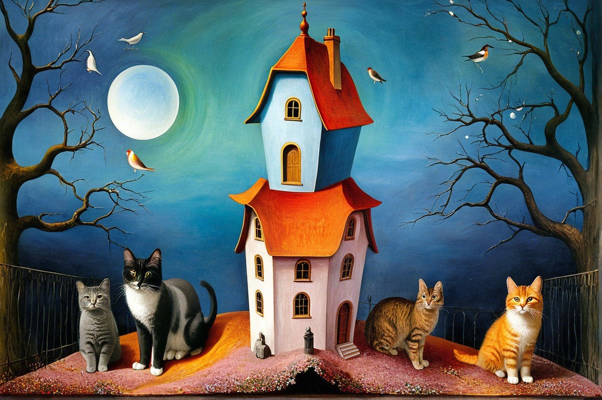 Whimsical House Scene with Cats Under Night Sky