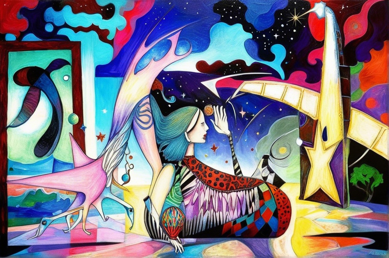 Surreal Landscape with Whimsical Elements and Stars