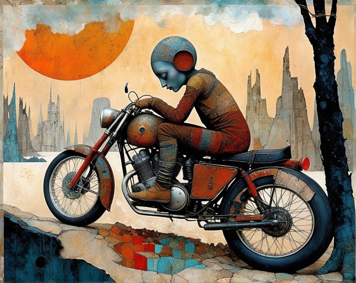 Surreal Humanoid Figure on Vintage Motorcycle in Abstract Landscape