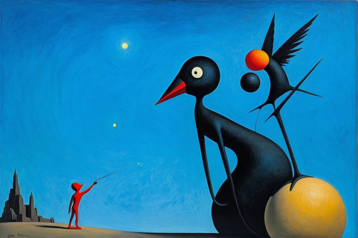 Surreal Landscape with Abstract Birds and Figures