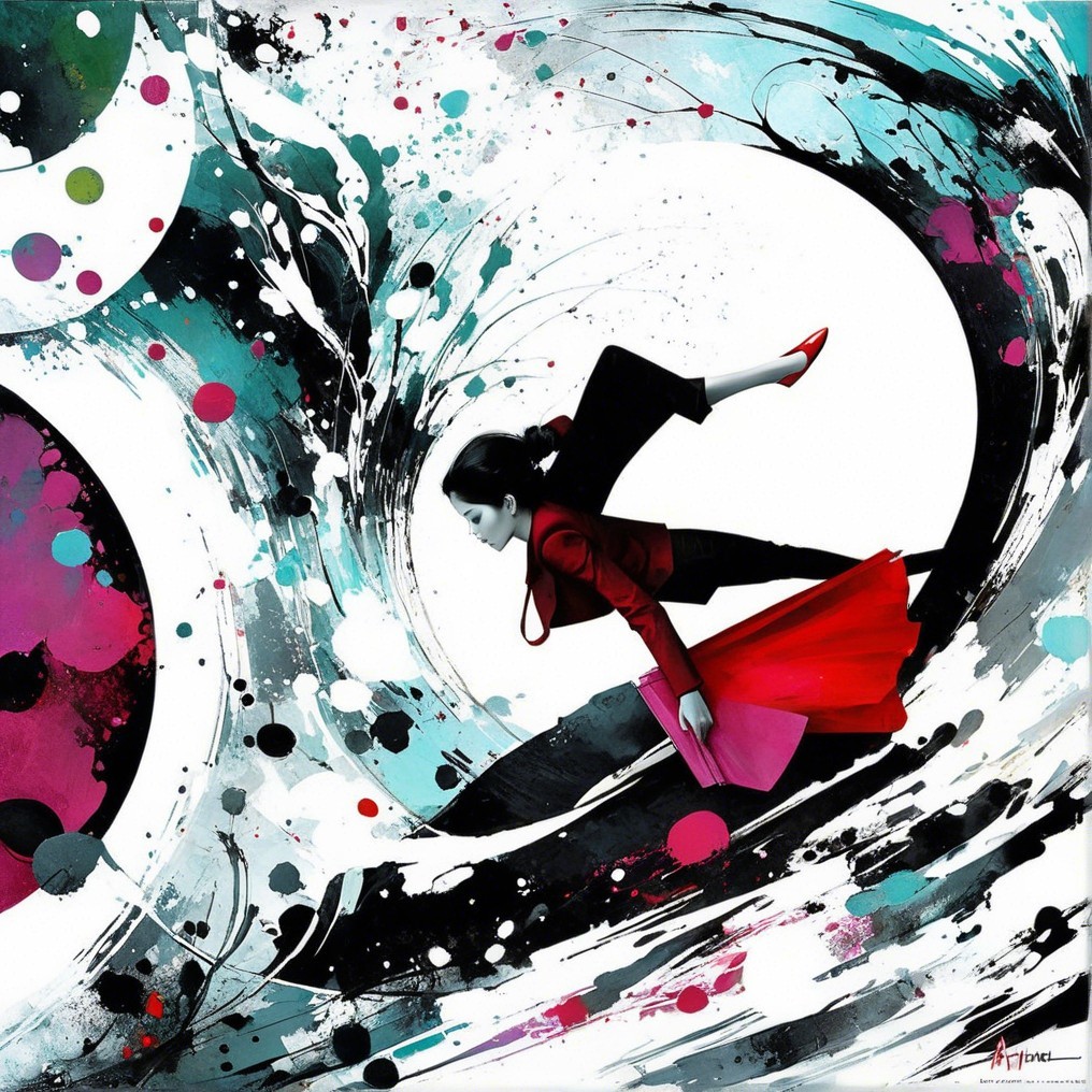 Vibrant Artwork of Figure in Red Skirt Amid Colors