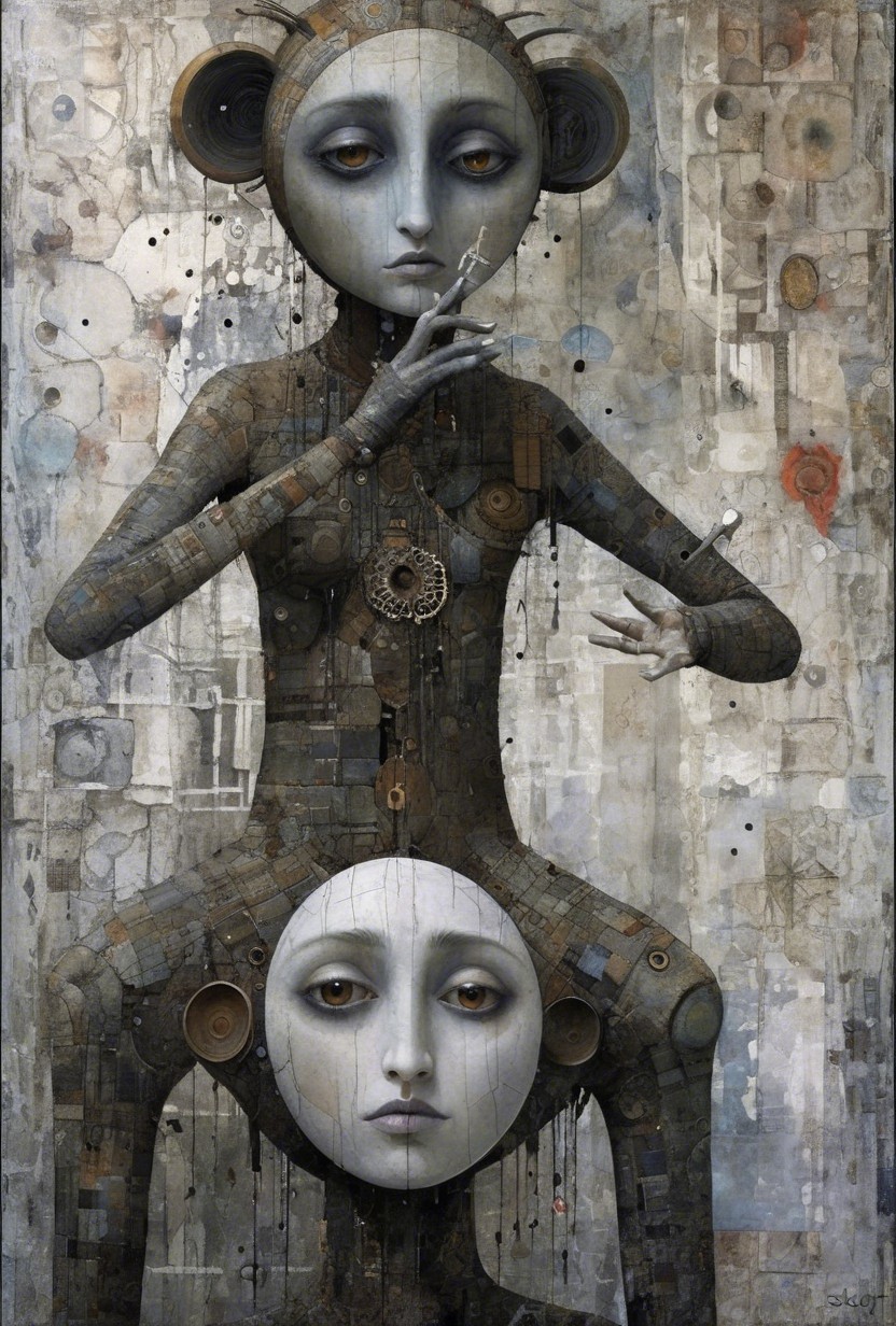 Surreal Artwork of Humanoid Figure with Geometric Patterns