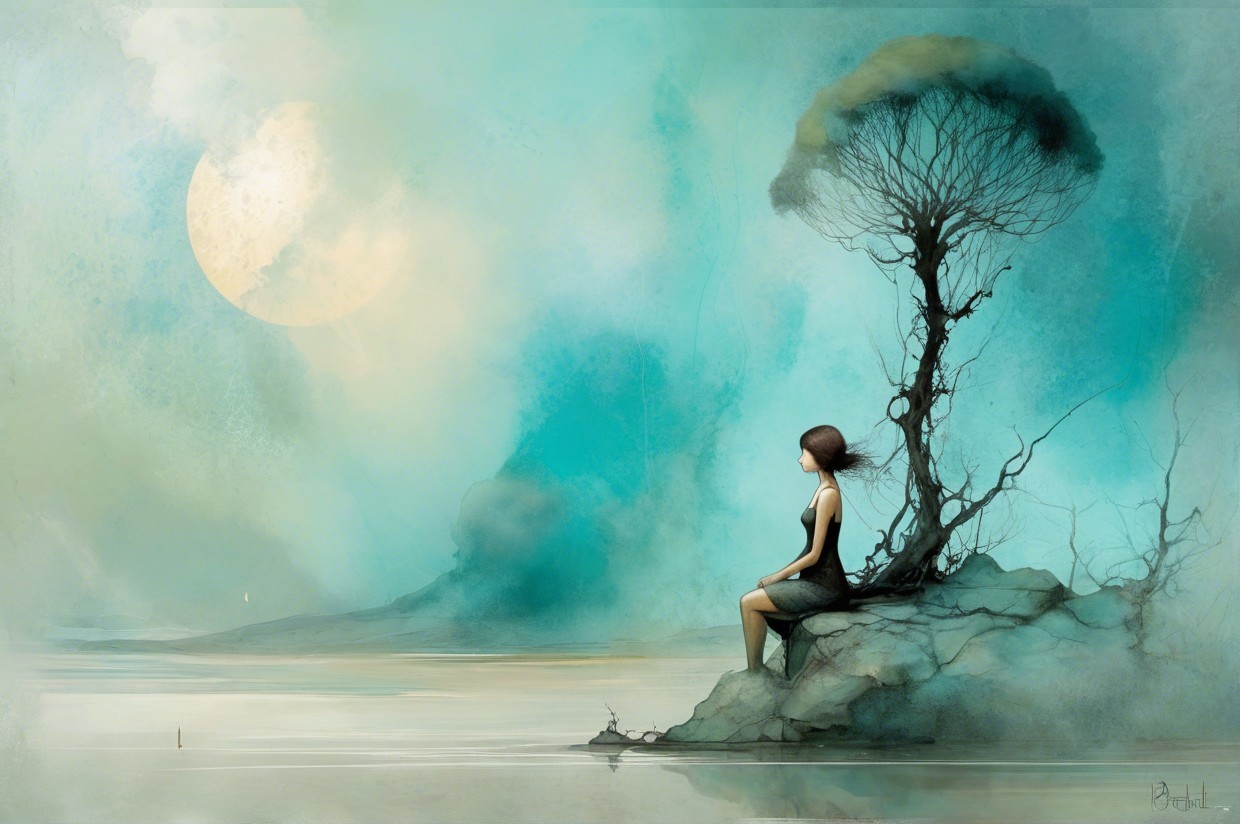 Solitary Figure by Tranquil Water Under Moonlight