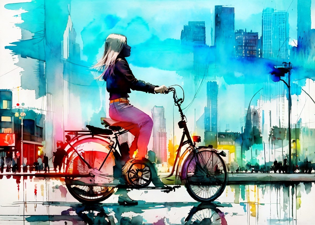 Vibrant Watercolor of Woman Biking in Cityscape