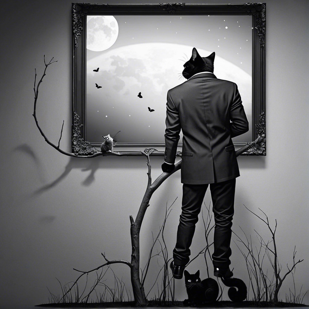 Mysterious Figure with Cat's Head in Moonlit Scene