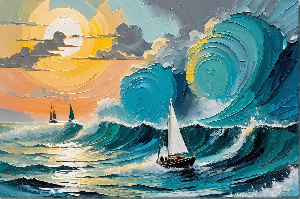Vibrant seascape with turquoise waves and golden sunset