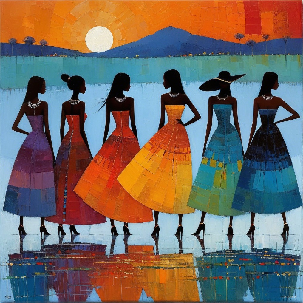 Sunset Landscape with Silhouetted Women in Dresses