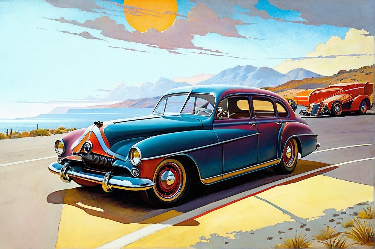 Vintage Car Against Coastal Sunset Scenery