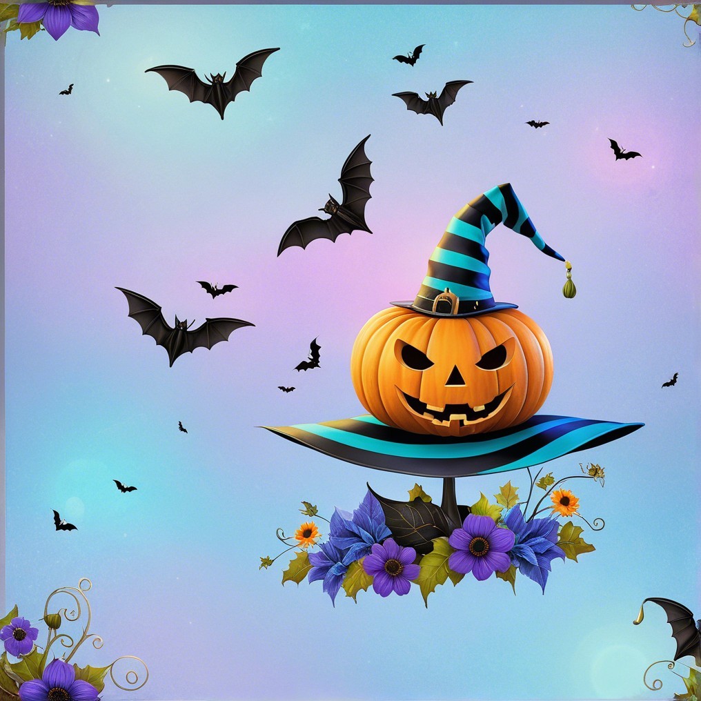 Whimsical Halloween Scene with Jack-o'-Lantern and Bats