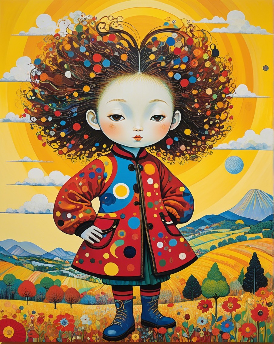 Whimsical Illustration of a Girl in a Vibrant Landscape