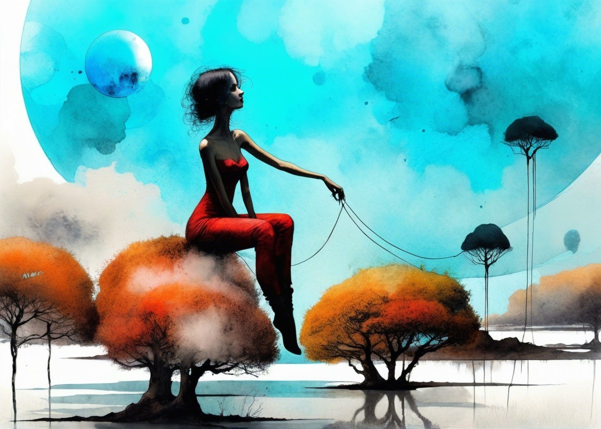 Whimsical Silhouette on Cloud Above Surreal Landscape