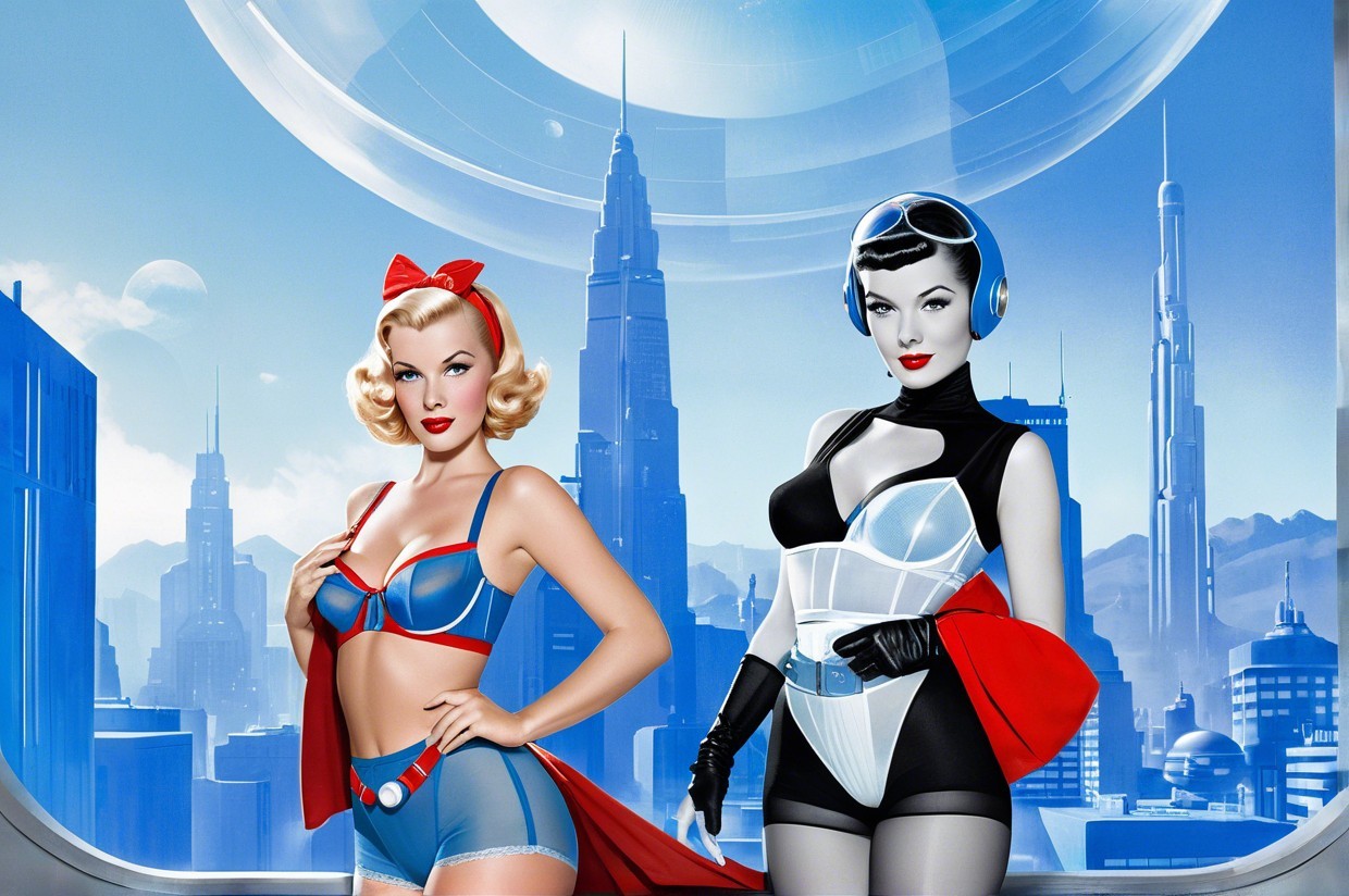 Glamorous Women in Futuristic Cityscape Setting