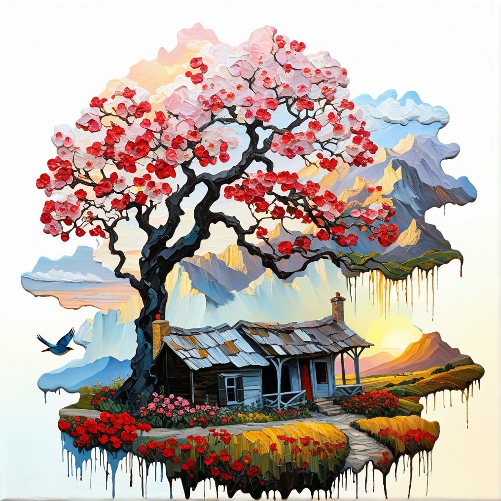 Vibrant Cherry Tree Landscape with Rustic Cabin