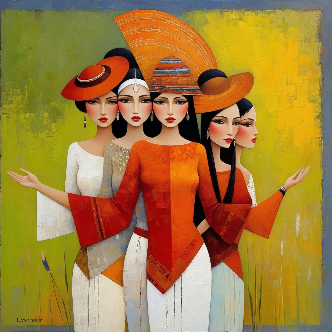 Stylized Women with Black Hair in Colorful Attire