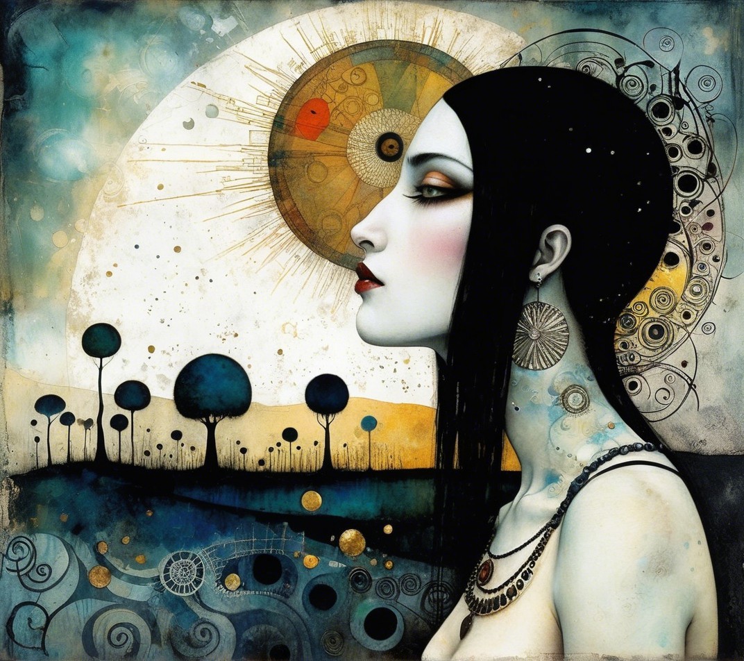Profile of a Woman with Intricate Jewelry and Abstract Background