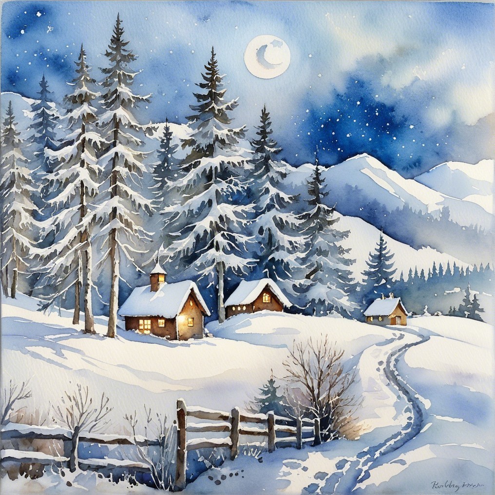 Winter Landscape with Cottages and Moonlit Sky