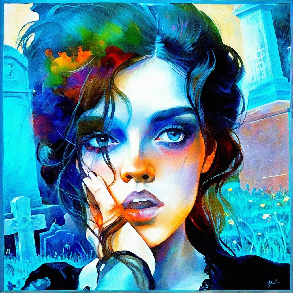 Portrait of a Young Woman with Colorful Hair and Graveyard