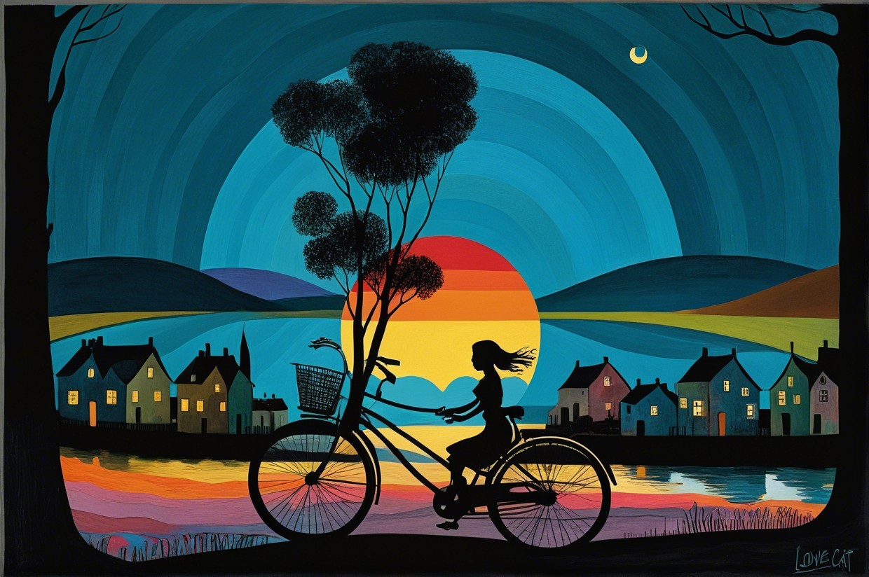 Vibrant Sunset Over Serene Landscape with Bicycle Rider