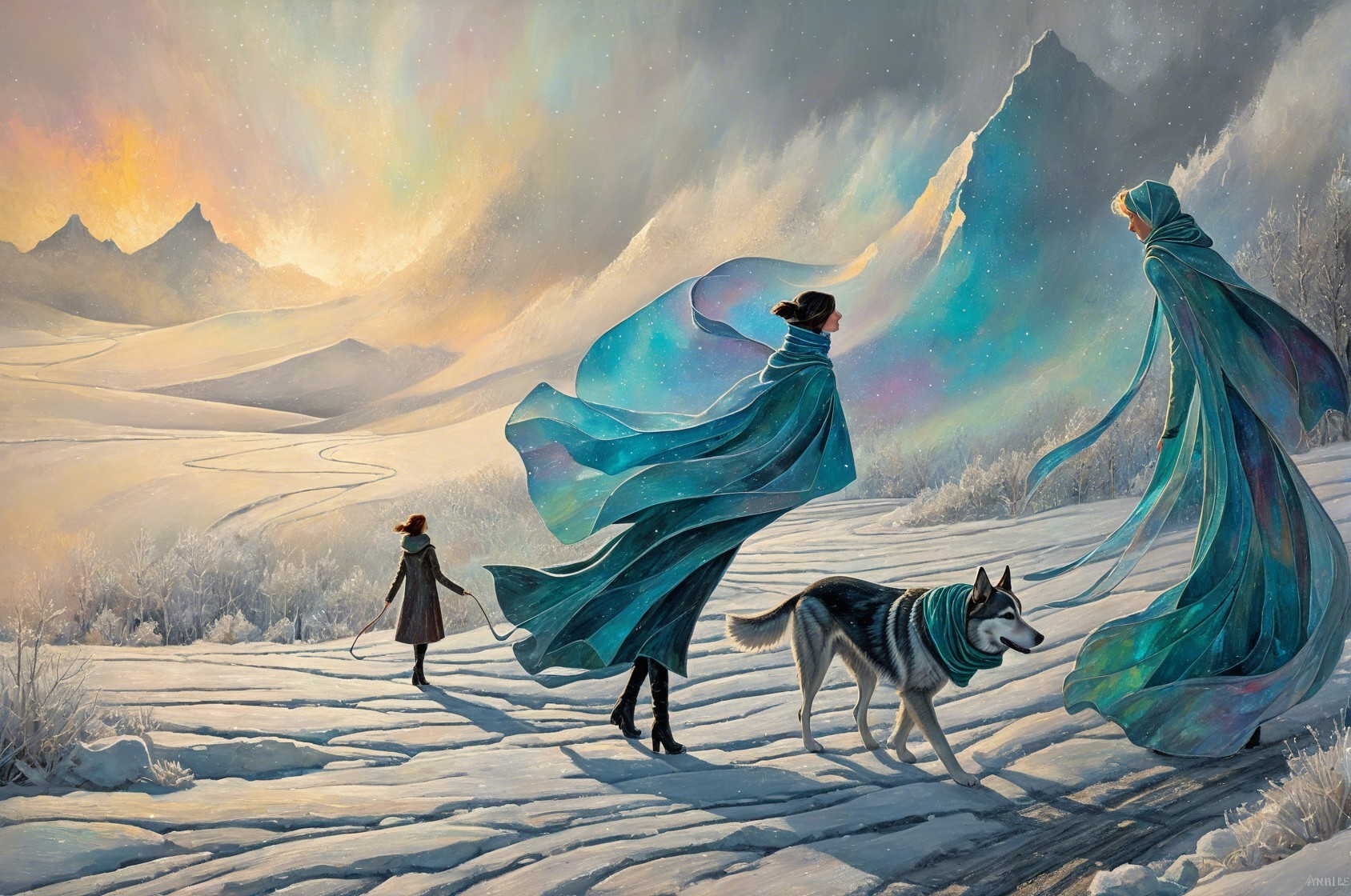 Women and Husky Dog in Snowy Landscape with Dramatic Sky