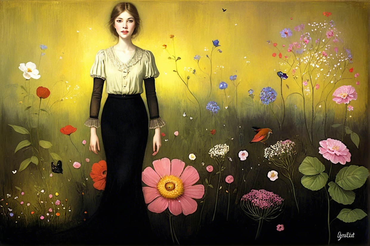 Young Woman in Floral Landscape with Soft Yellow Background