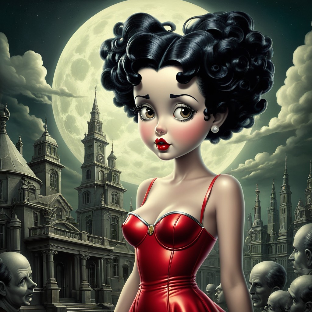 Young Woman in Red Dress Against Gothic Moonlit Scene