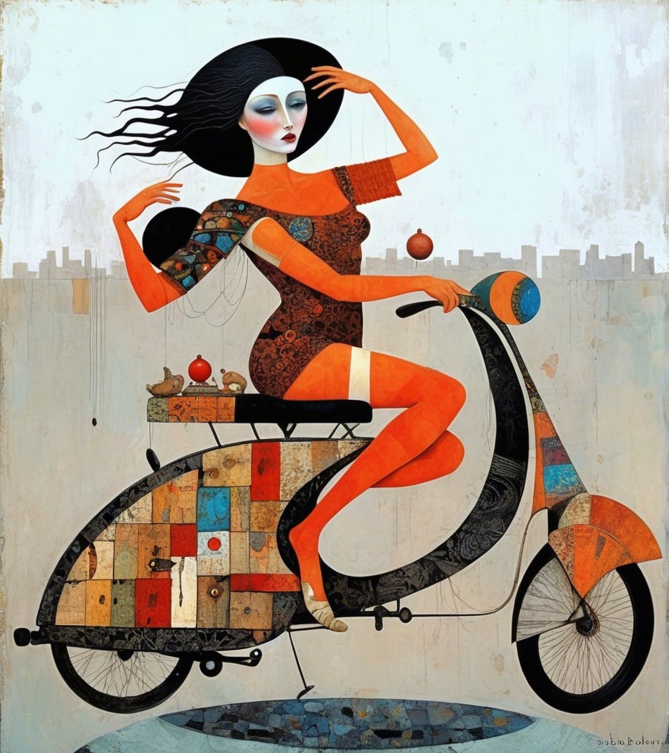 Stylized Woman on Vibrant Scooter in Urban Scene