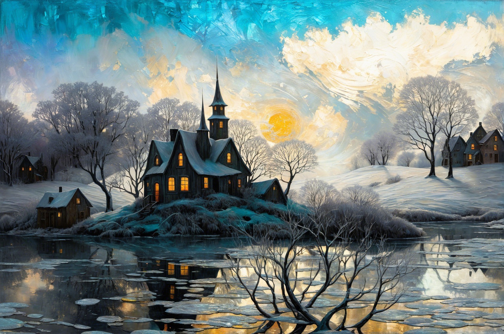 Gothic Winter Landscape with Snowy Lake and Houses