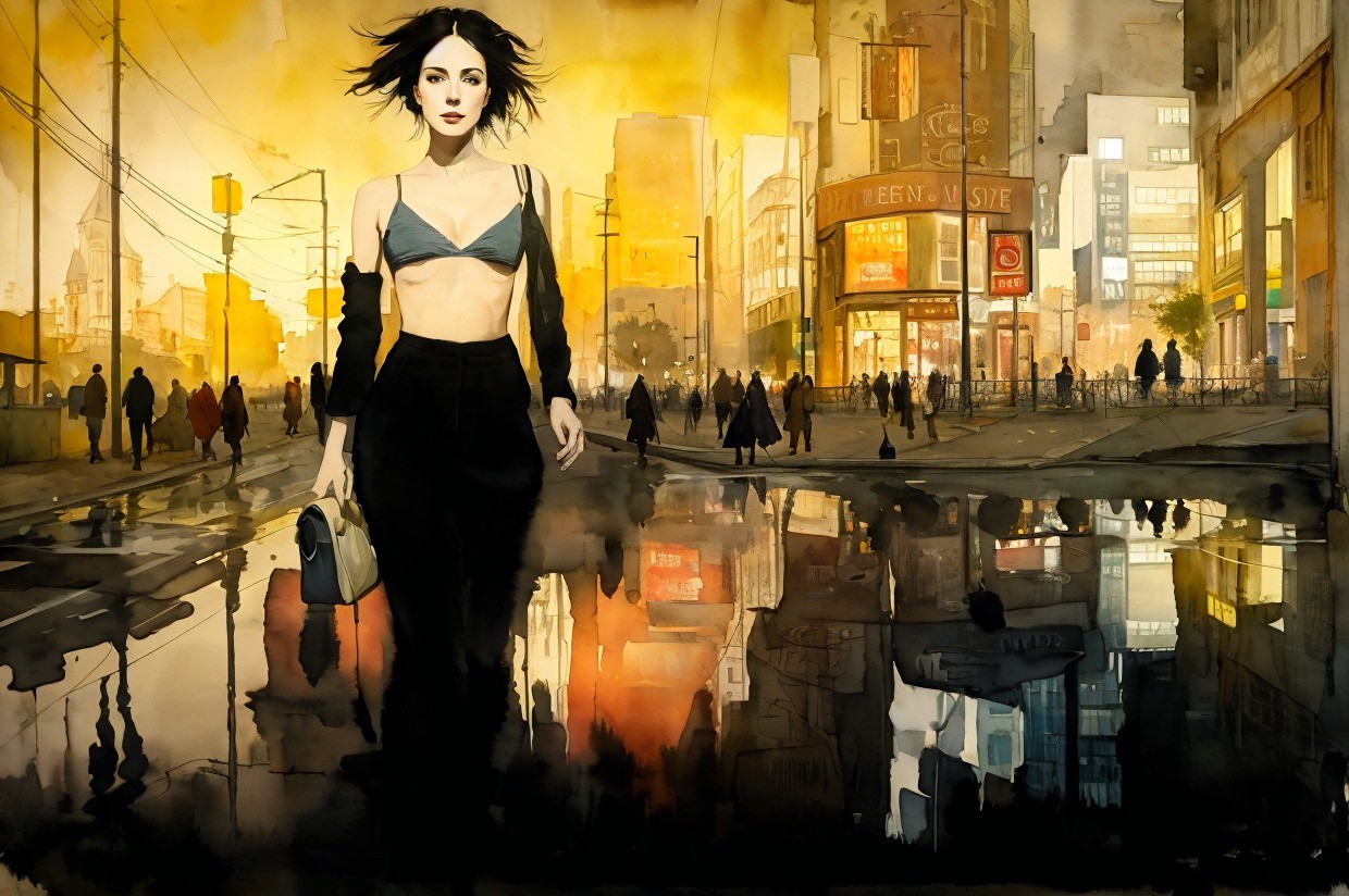 Urban Scene with Woman in Minimal Outfit and Reflections