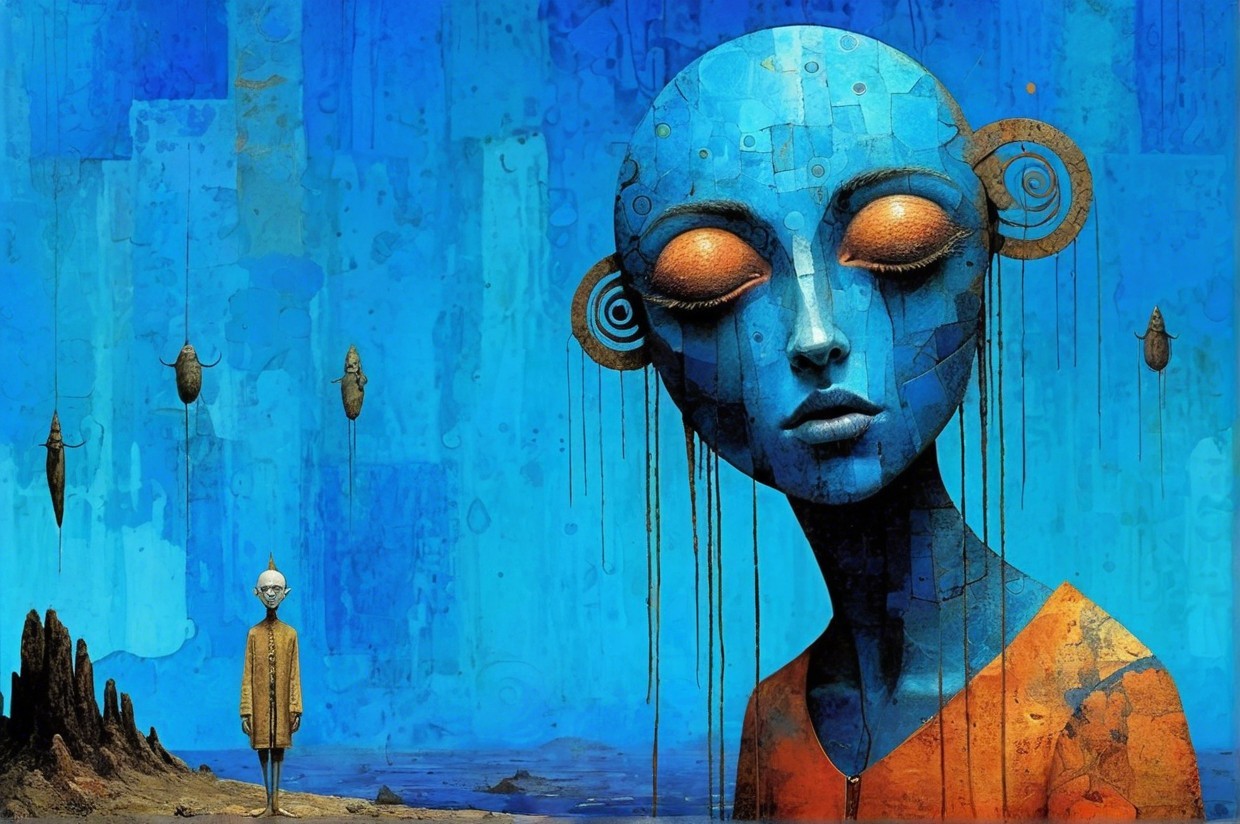 Surreal Landscape with Blue Humanoid and Abstract Background