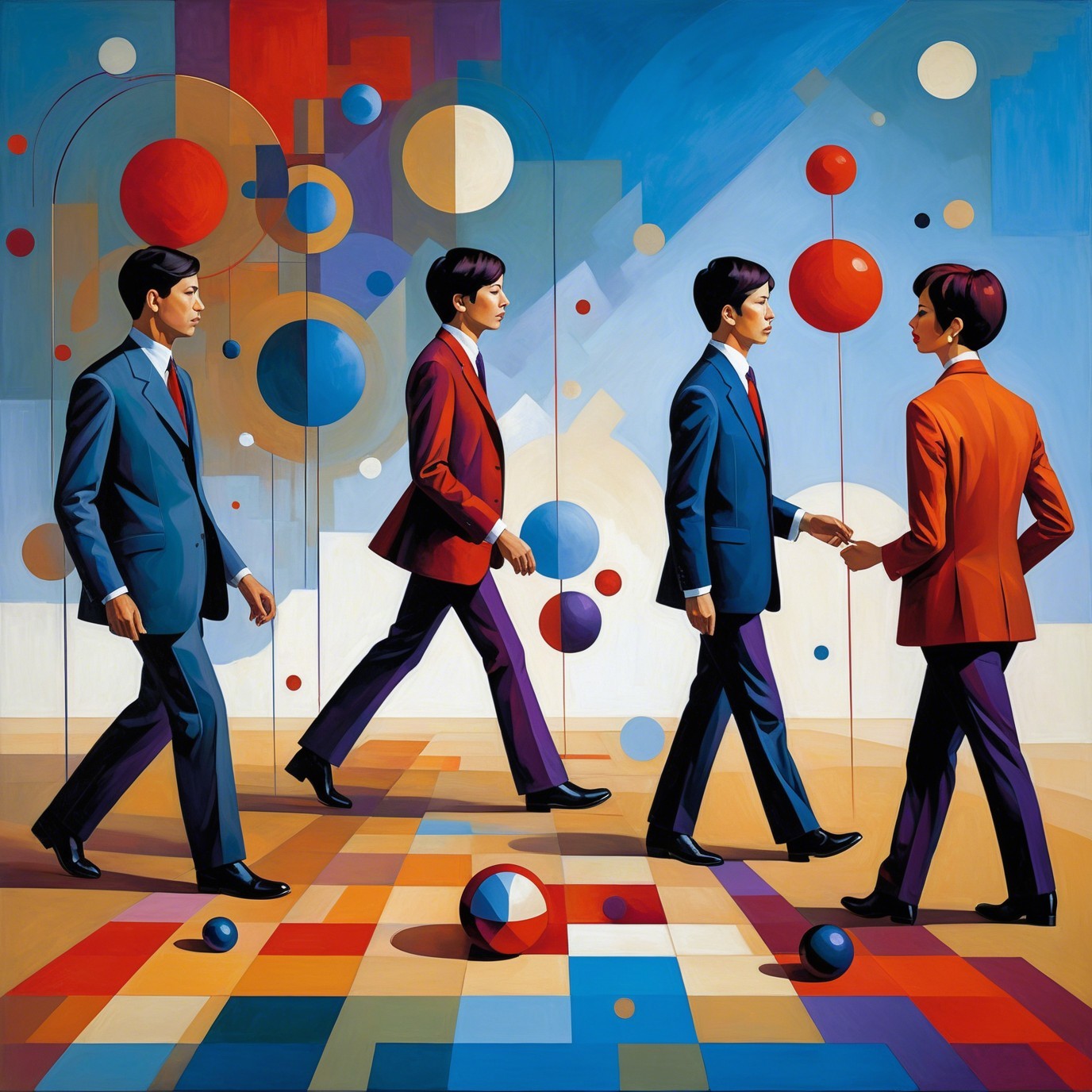 Cubist Painting of Figures in Suits on Checkered Floor