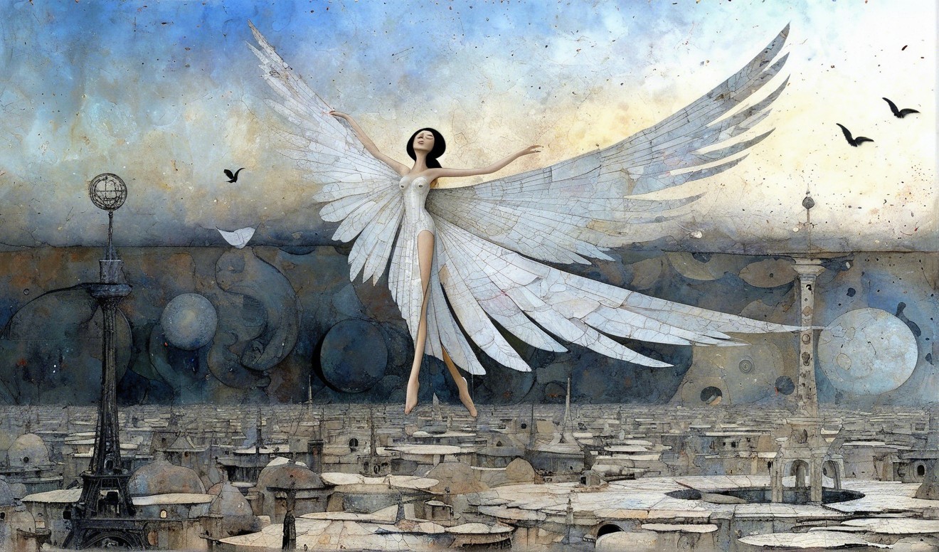 Ethereal Angel Figure Above Urban Cityscape