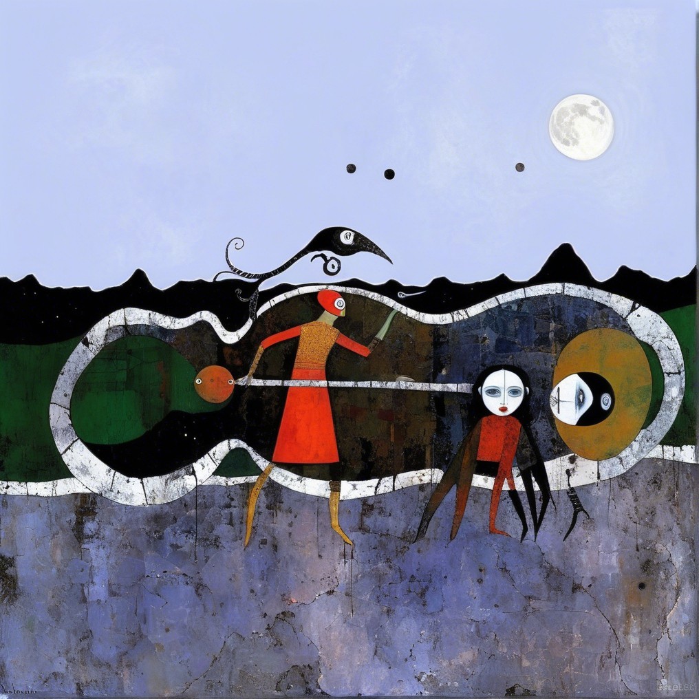 Stylized Figures in Serene Landscape with Moonlight