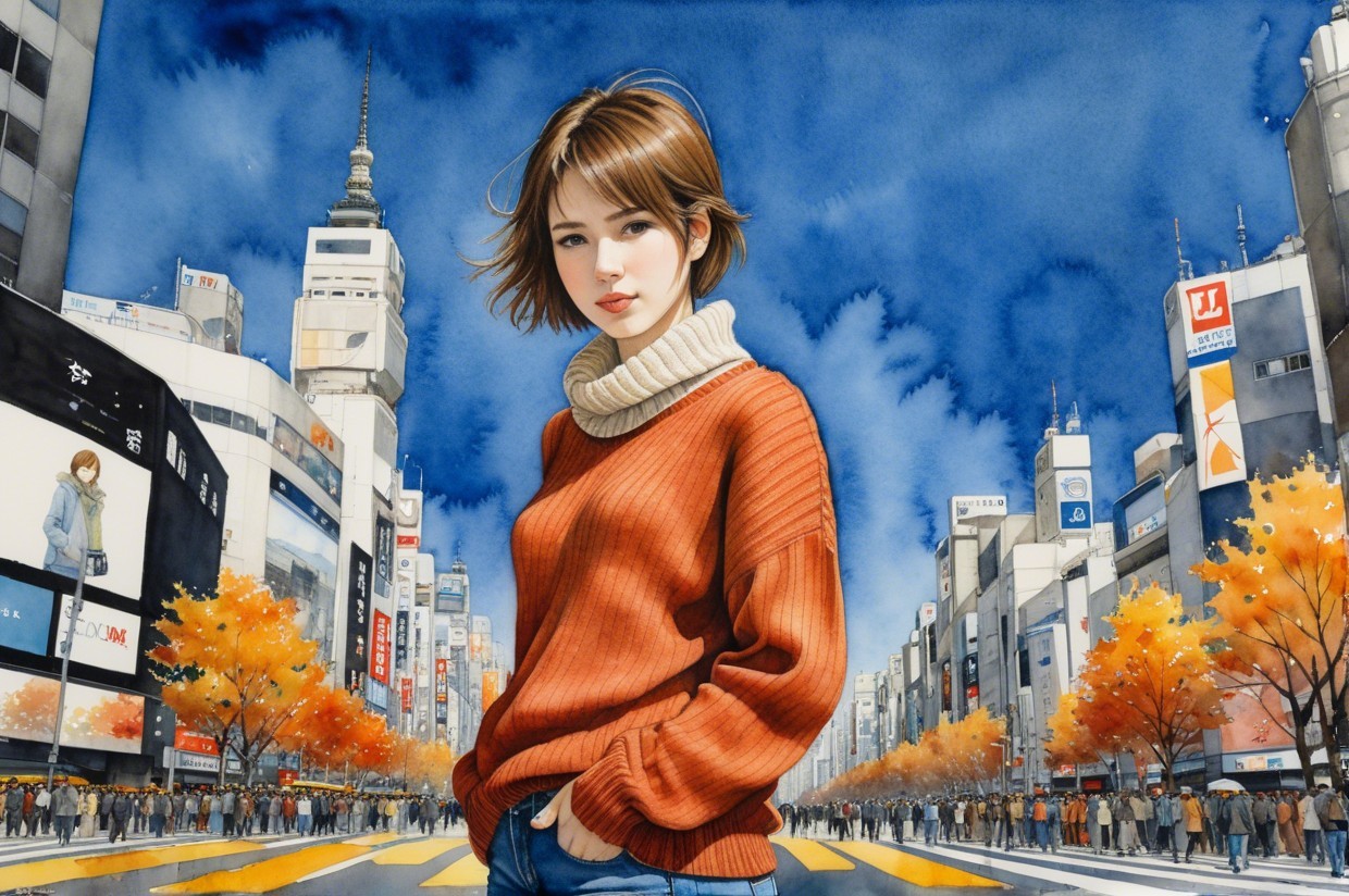 Young woman in orange sweater in urban street scene