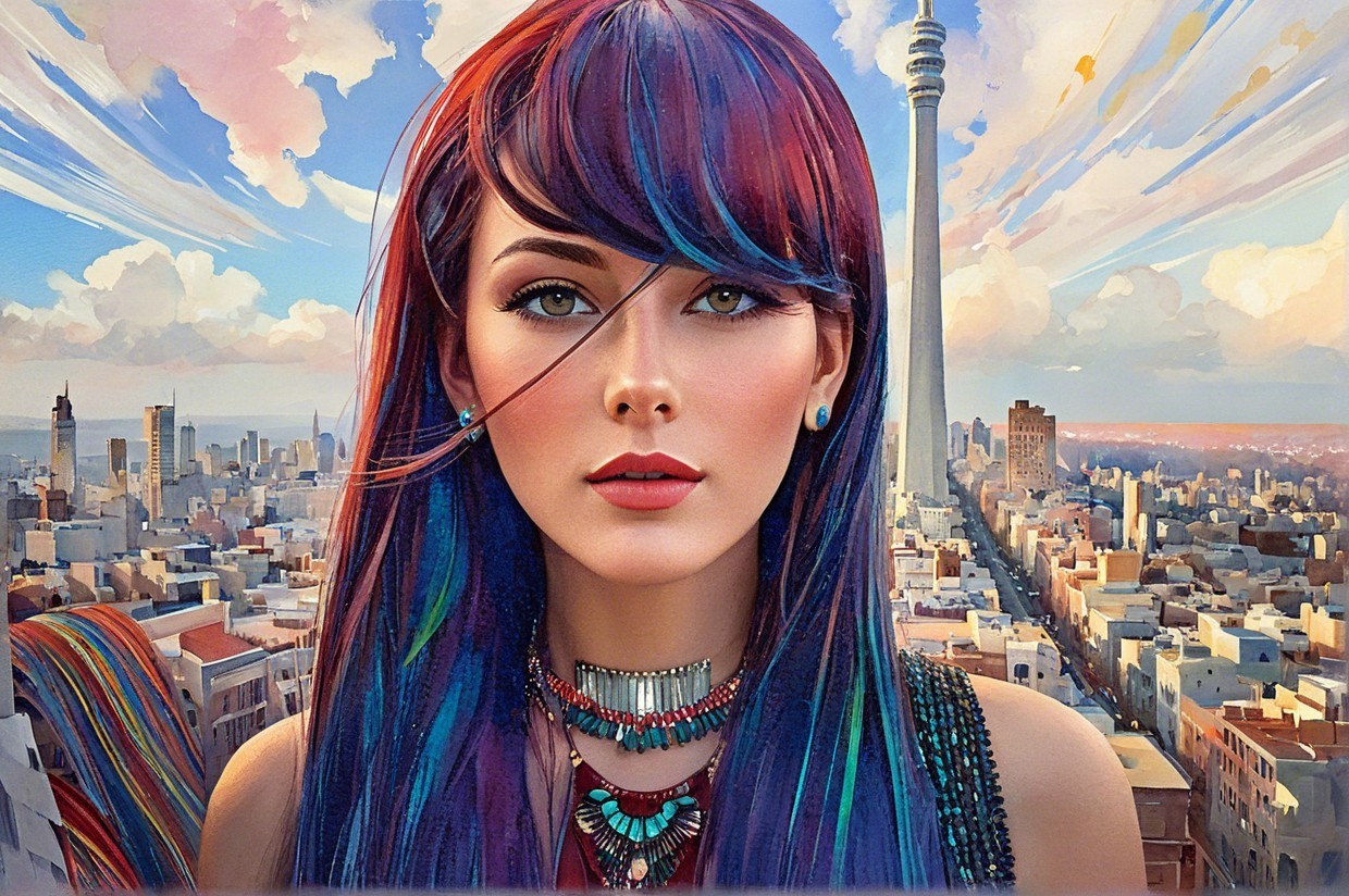 Portrait of a Woman with Colorful Hair in Cityscape