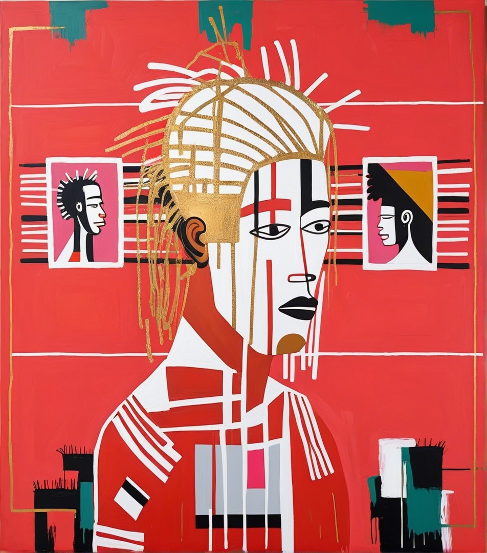 Stylized Figure with Golden Accents on Red Background