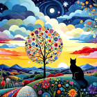 Whimsical Sunset Landscape with Cat and Heart Leaves