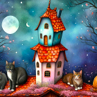 Whimsical House Scene with Cats Under Night Sky