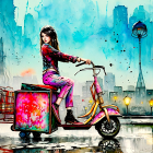 Young Woman with Pink Scooter in Colorful Urban Setting