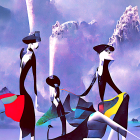 Abstract Figures with Elongated Bodies on Blue Background