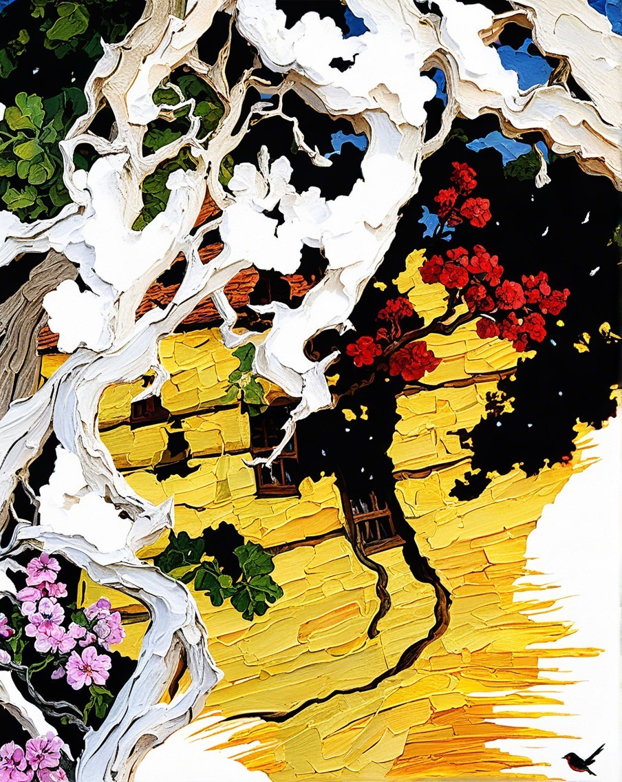 Vibrant Artwork of Textured Tree Trunk and Flowers