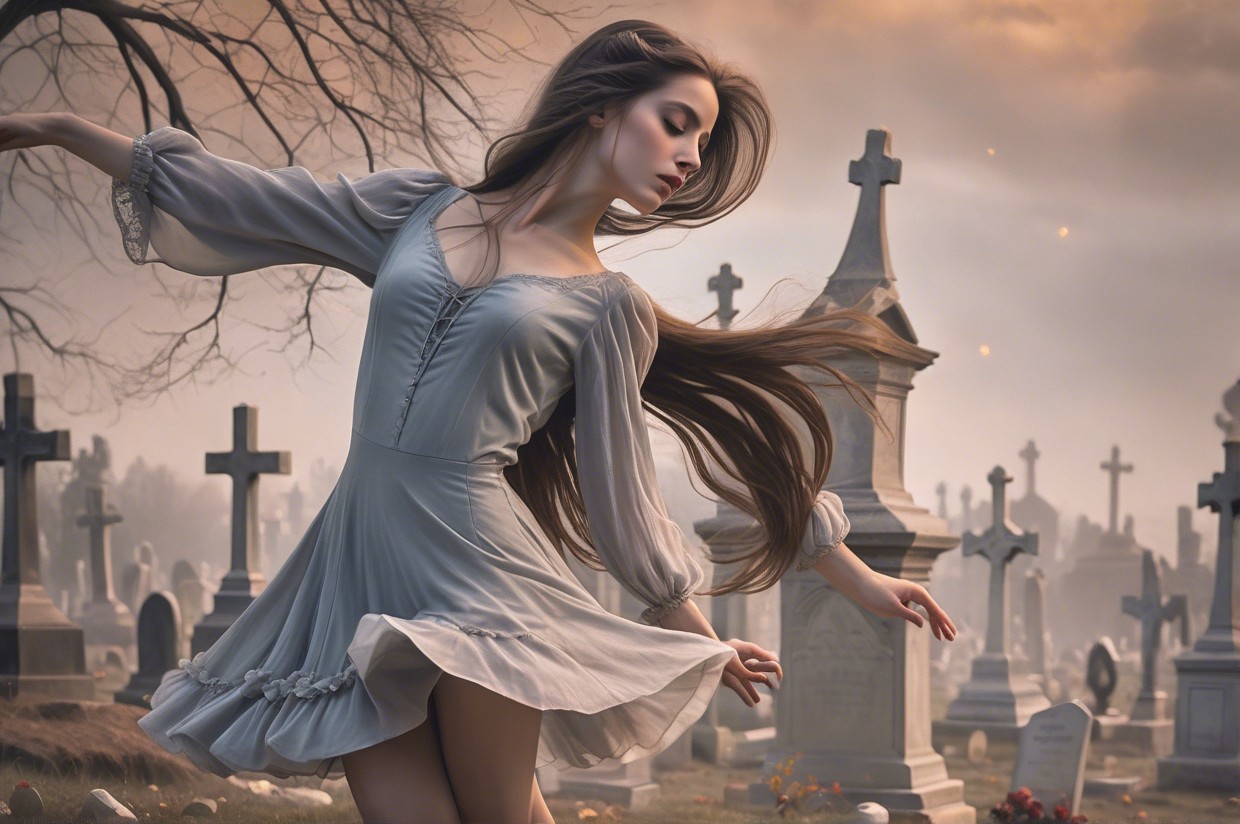 Young Woman Dancing in Misty Cemetery Setting