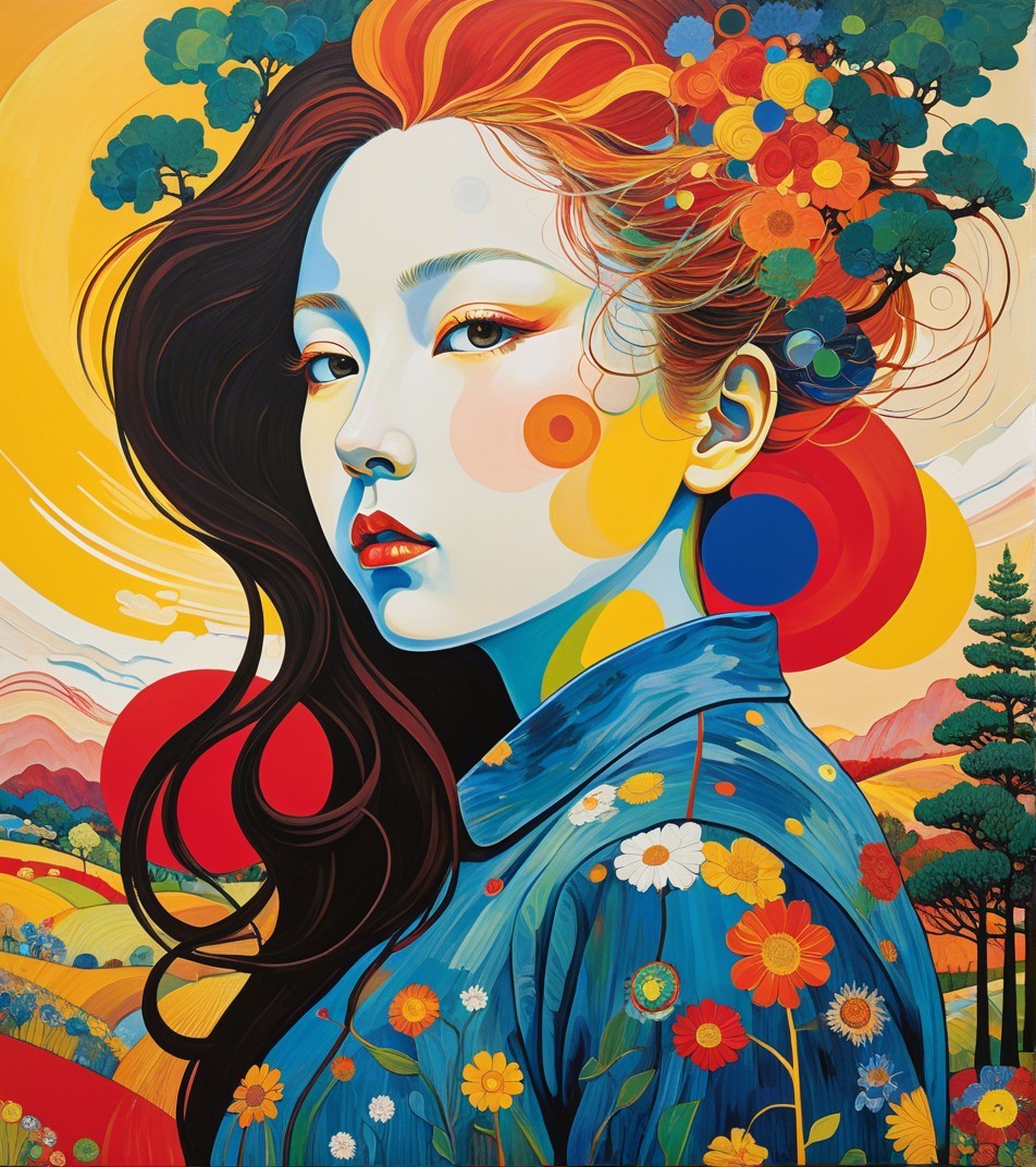 Portrait of a Woman with Black Hair and Abstract Colors