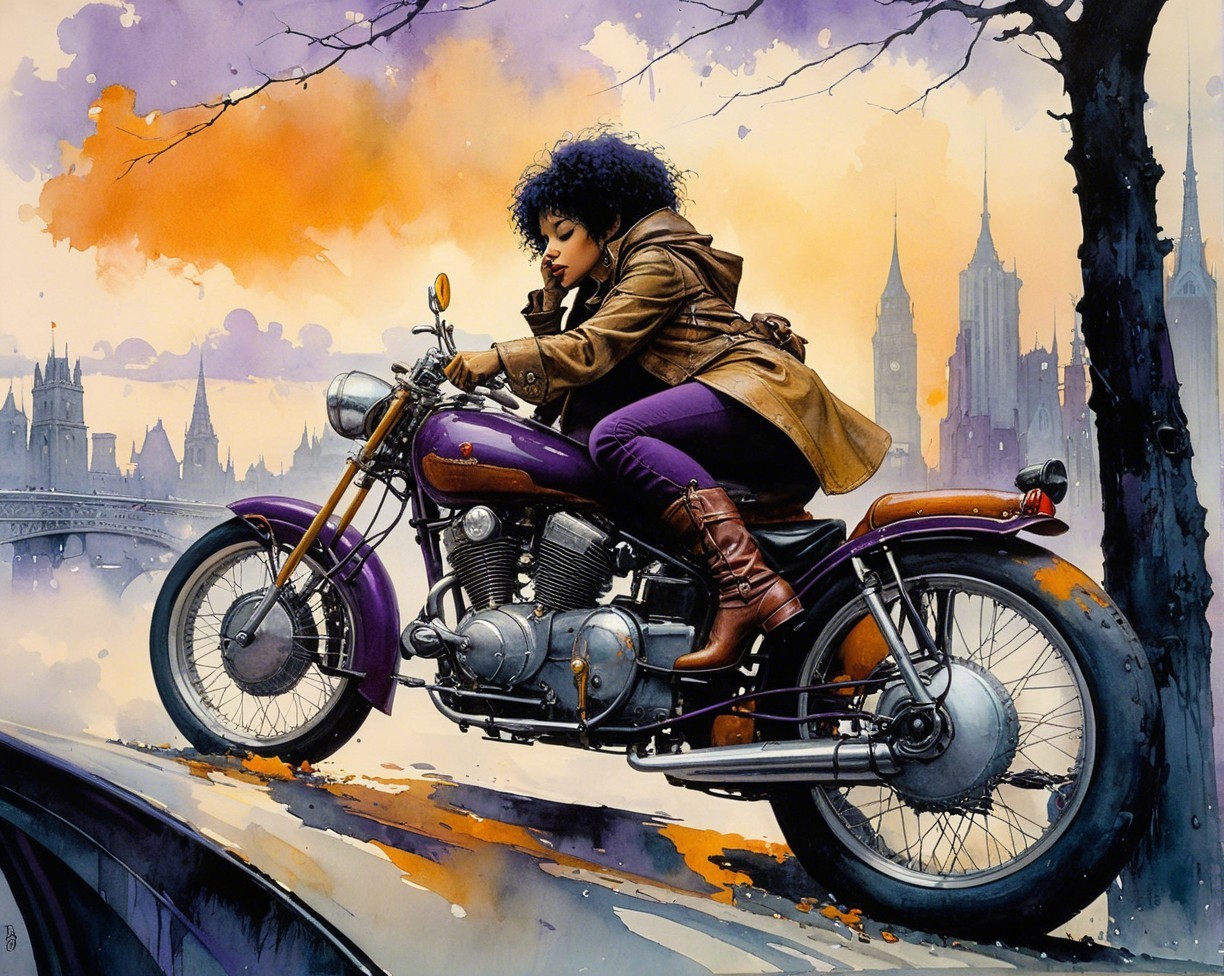 Watercolor Painting of Woman on Purple Motorcycle