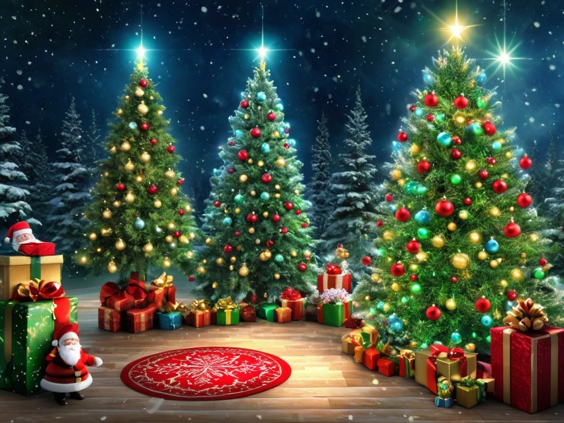 Winter Scene with Christmas Trees and Falling Snow